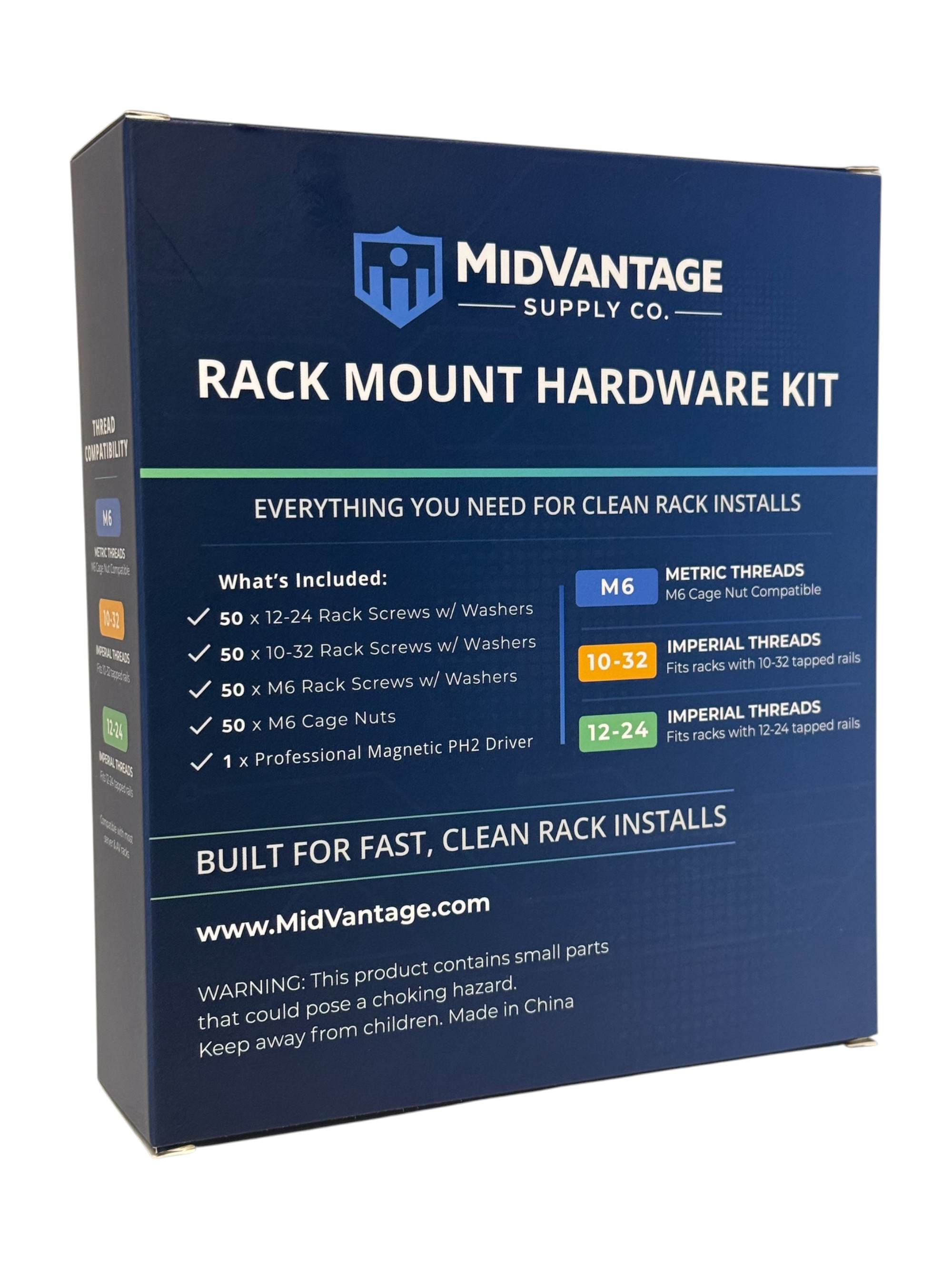 Back of MidVantage Supply Co. Rack Mount Hardware Kit retail packaging with product information